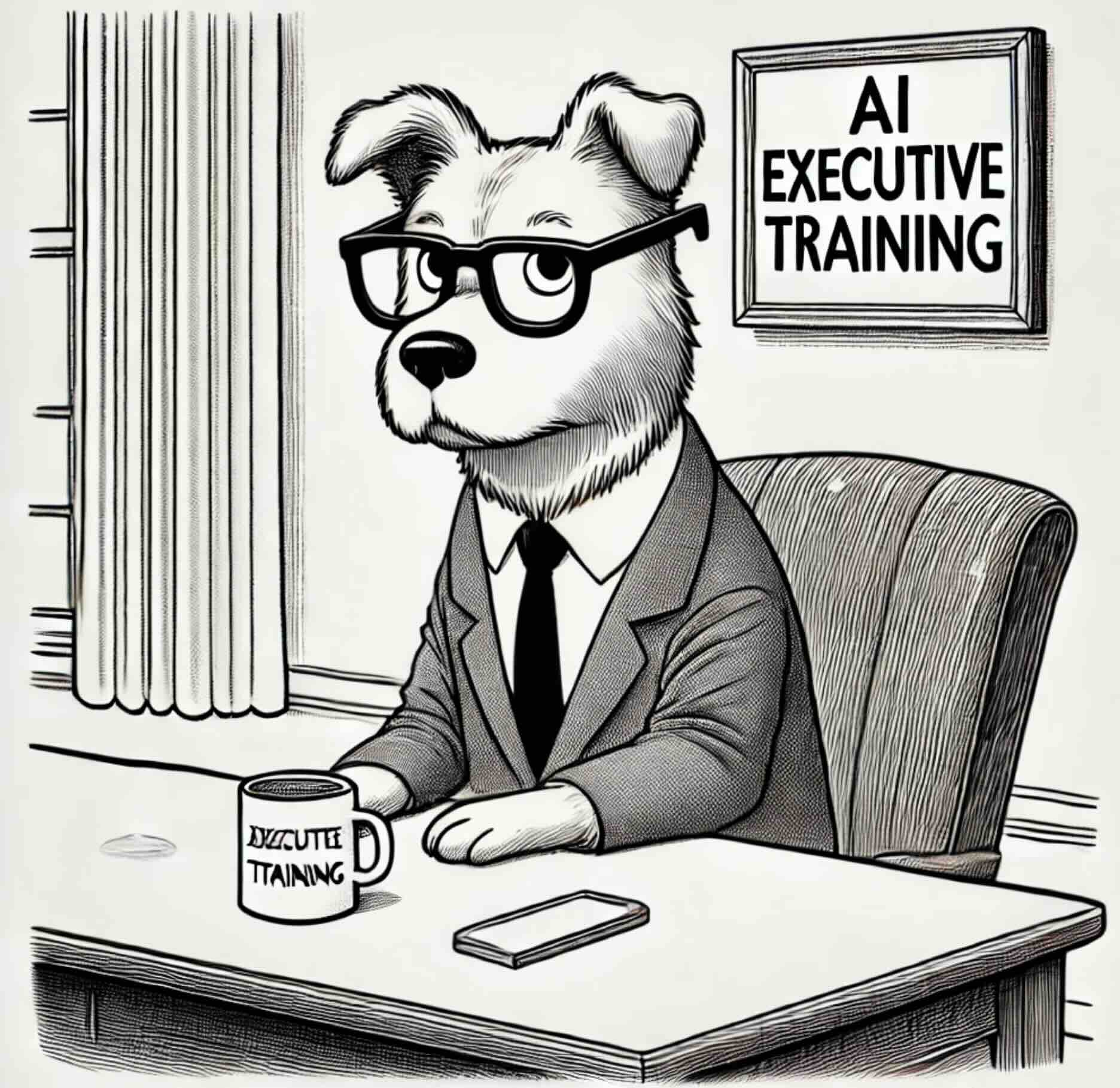 AI Executive Training illustration with a smart-looking dog at a table