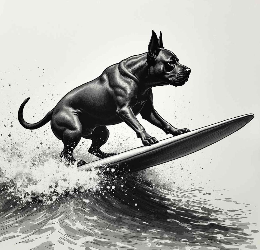 Example image generation of Ink on paper in black and white hand drawn of bull dog surfing.