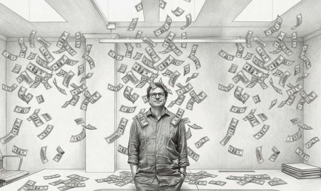 Anthropic CEO with money falling on him