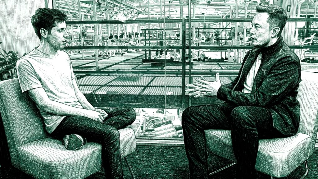 sam altman and Elon Musk sit chatting 